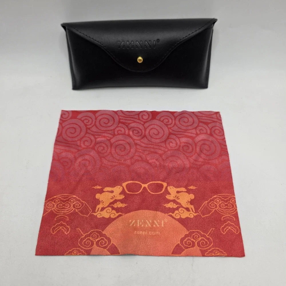 Zenni Eyeglass Case Black Faux Leather Stud Closure Year of the Rabbit Cloth Set